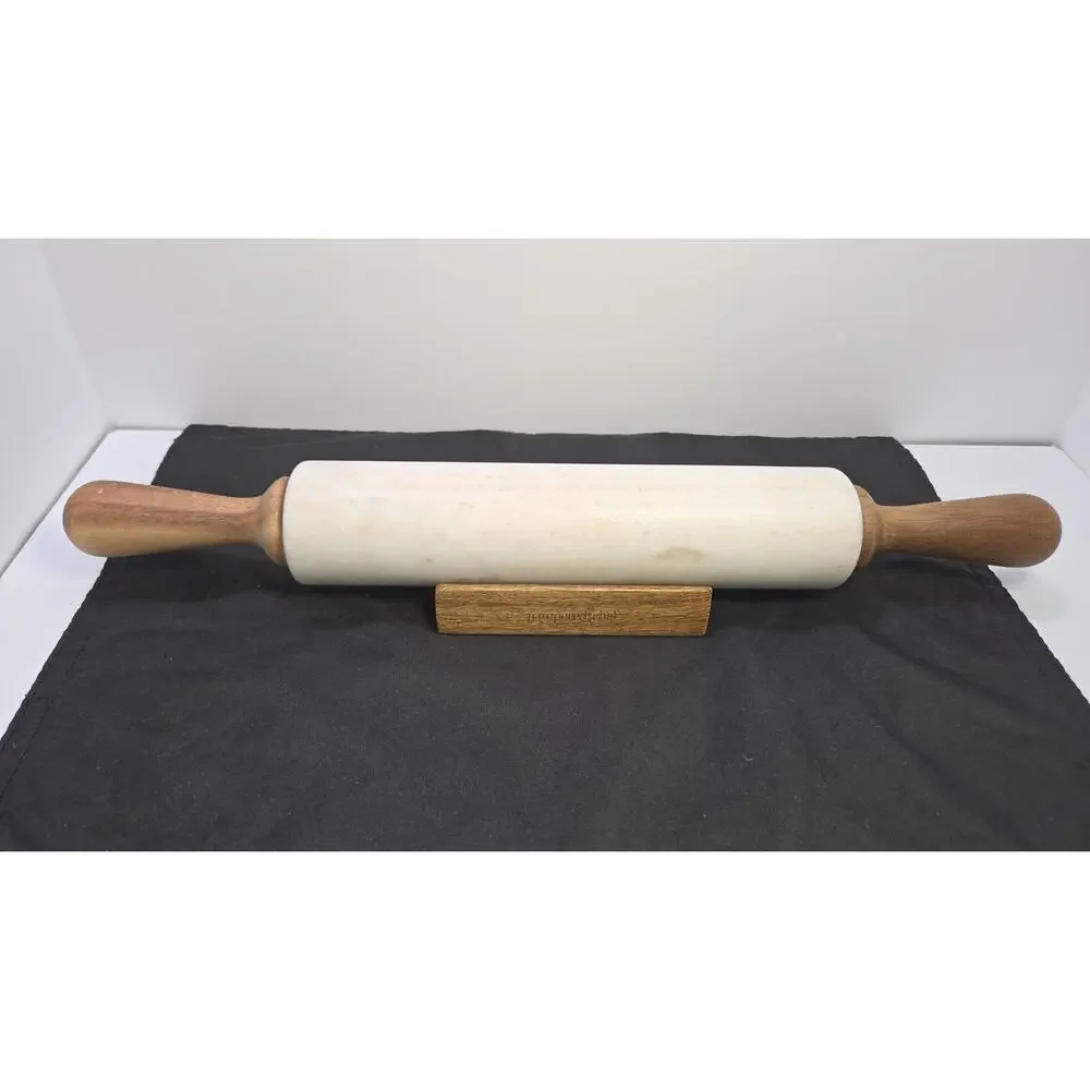 Pampered Chef White Marble Rolling Pin #1607 w/ Wood Handles & Cradle Stand